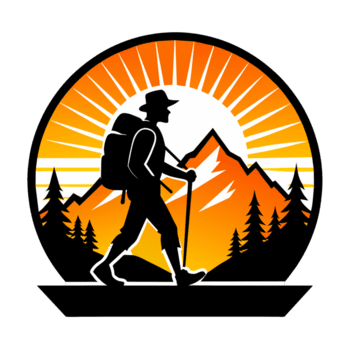 a-hiker-with-a-backpack-treks-across-a-stylized-landscape-set-within-a-circular-frame-which-features-mountains-trees-and-a-radiant-sun-in-the-background-png